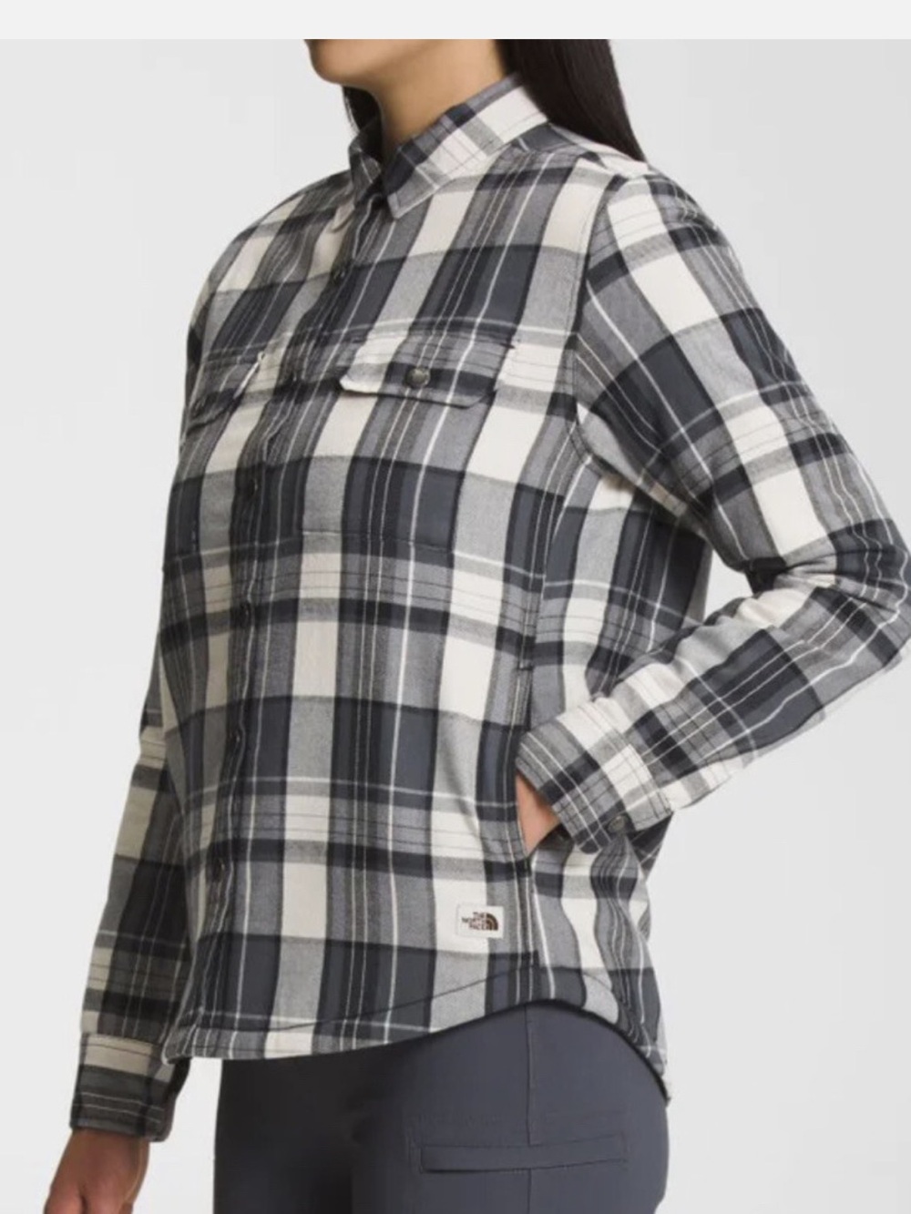 The North Face Fleece Lined Plaid Flannel Shacket Women’s Medium Black White EUC